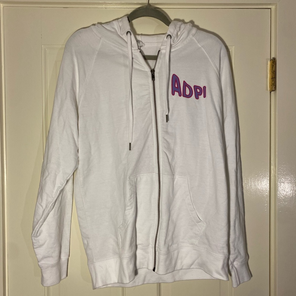ADPI Alpha Delta Pi Sorority Zip Up Hoodie White with Hearts